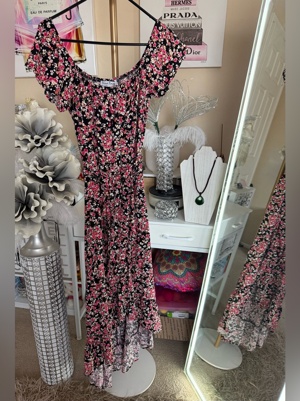 Velvet Torch Black Maxi Dress with Pink Floral Print